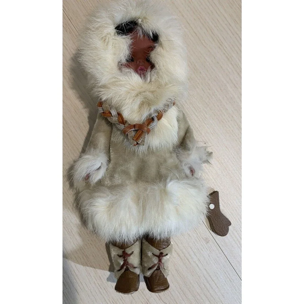 Vintage Eskimo Doll With Blinking eyes, real fur, leather necklace, No tags